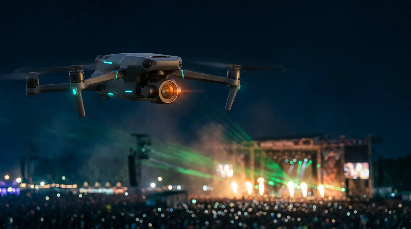 A camera drone hovering above a festival mainstage at night